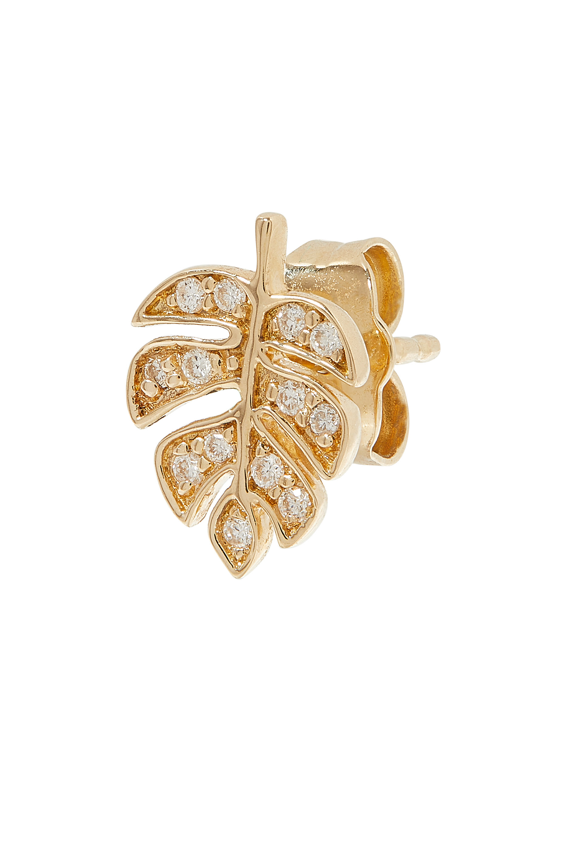 Tiny Monstera Leaf Single Stud Earrings , 14K Yellow Gold & Diamonds