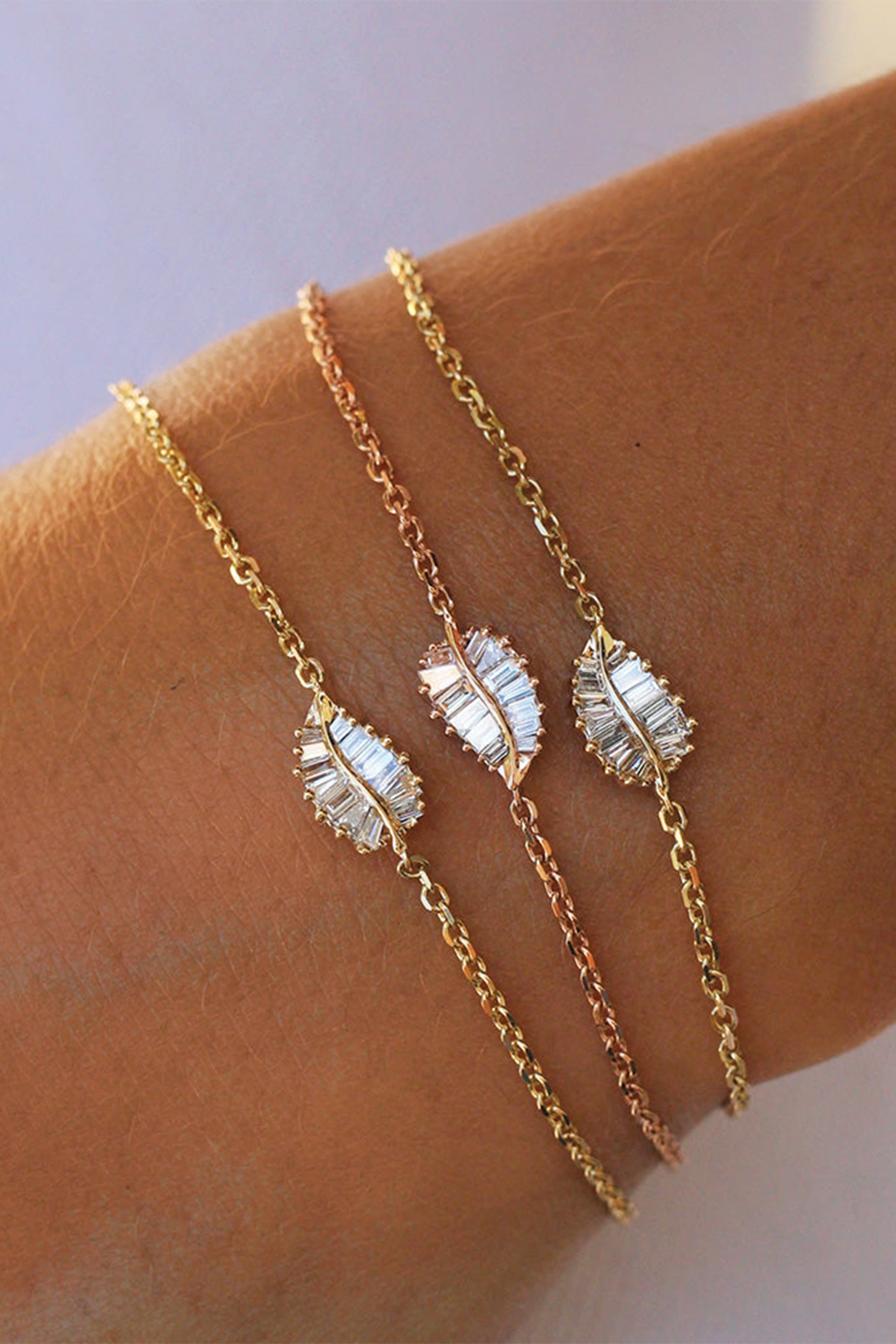 Small Palm Leaf Diamond Chain Bracelet, 18k Yellow Gold & Diamonds