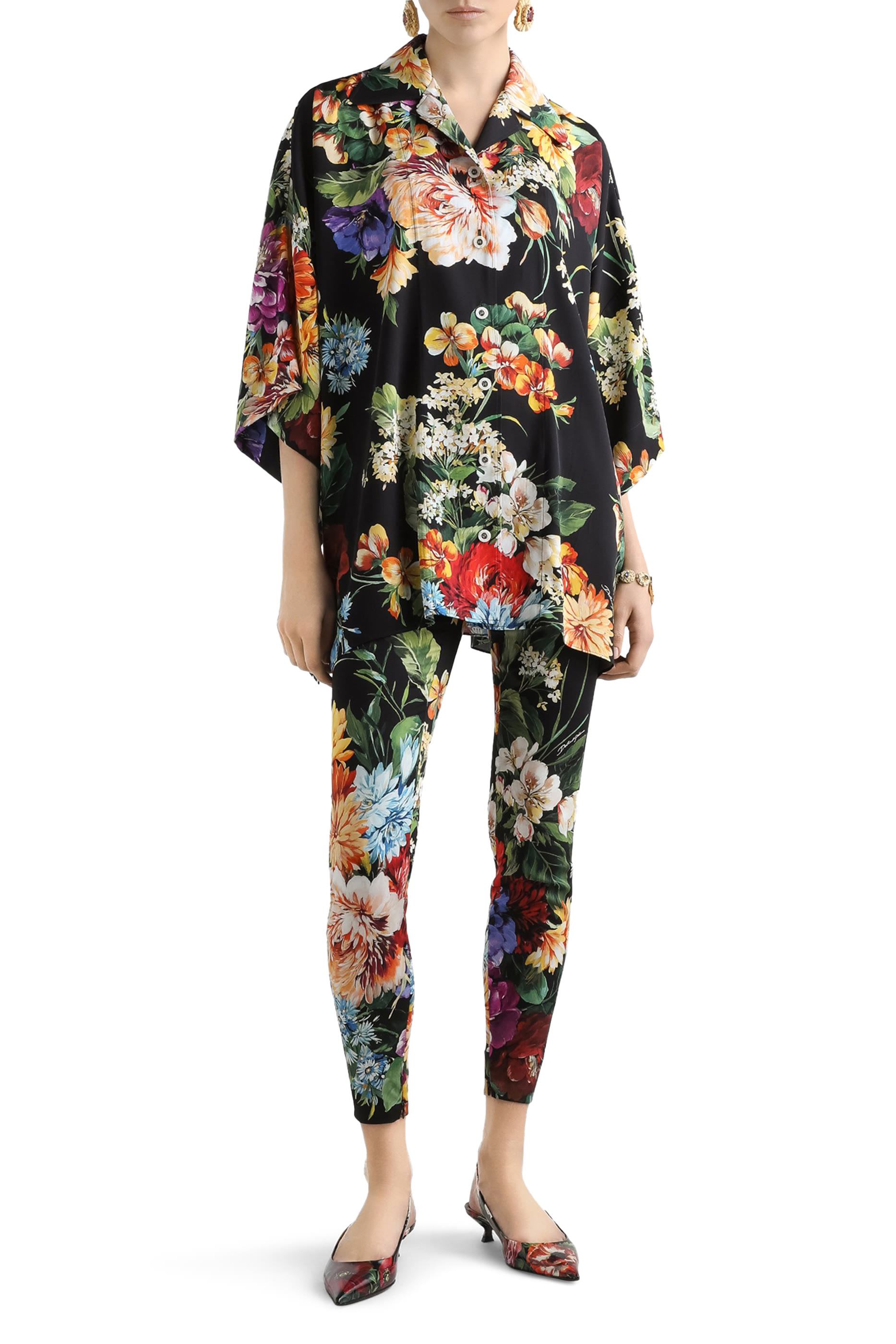 Flower Bouquet-Print Charmeuse Pants