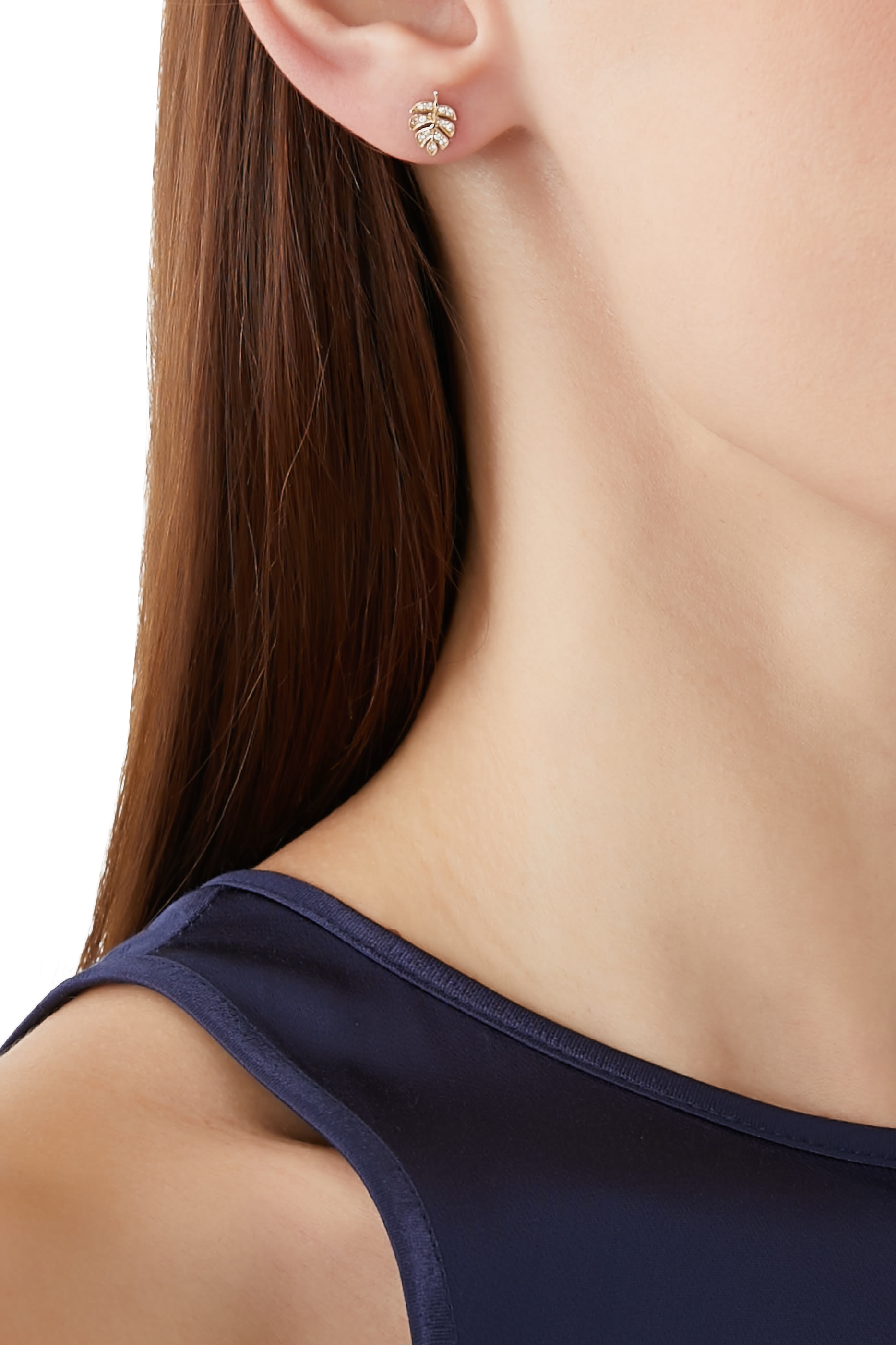 Tiny Monstera Leaf Single Stud Earrings , 14K Yellow Gold & Diamonds