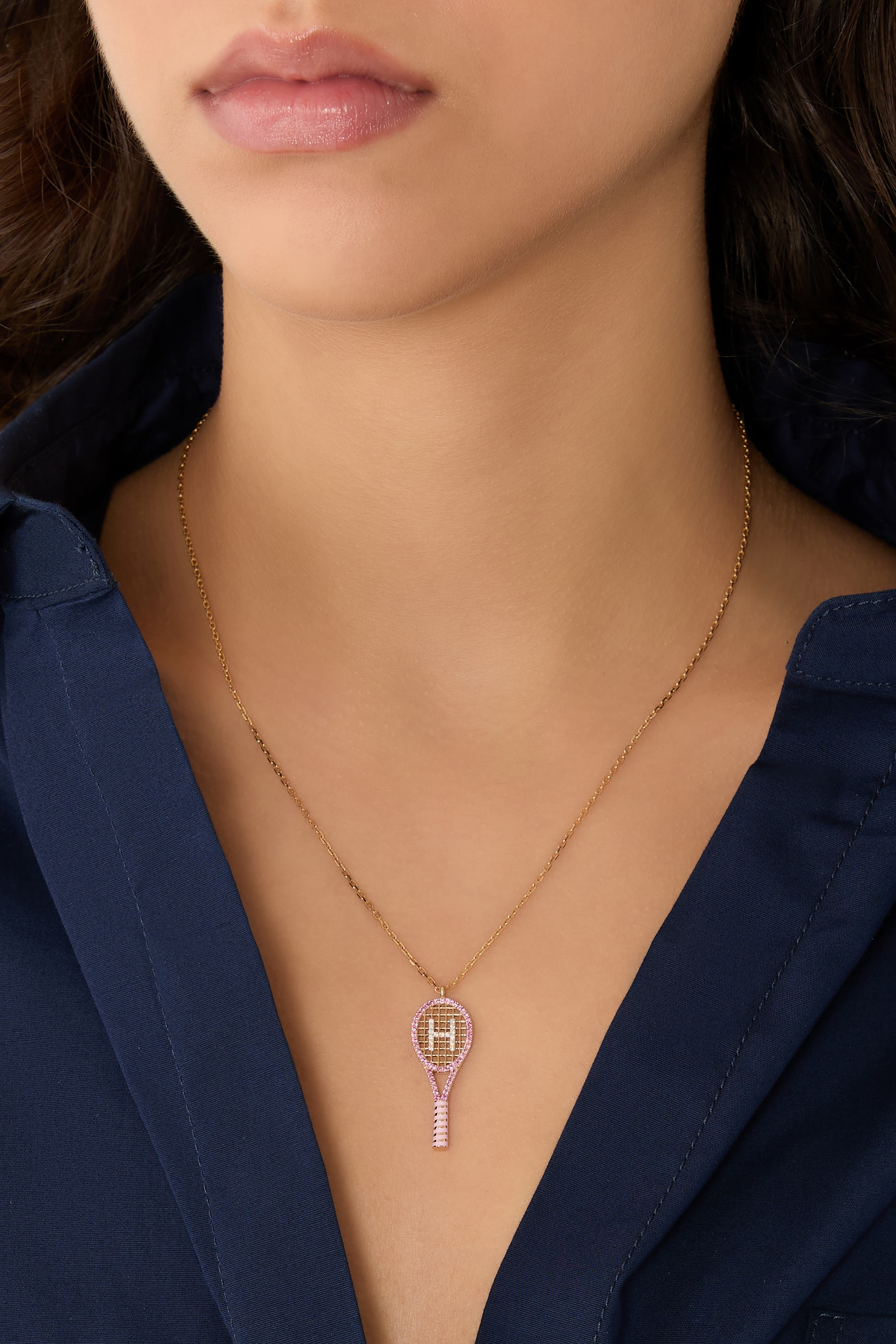 Letter 'H' Tennis Racket Necklace, 18K Yellow Gold with Diamonds & Sapphires