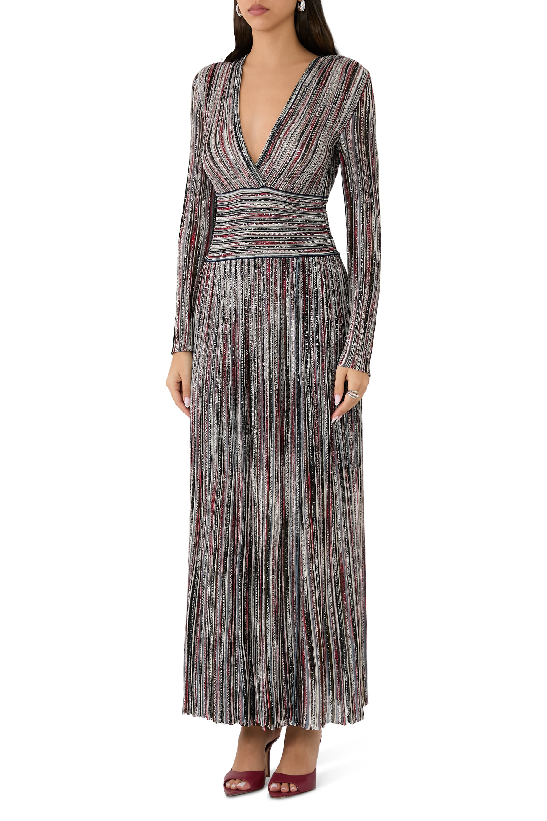 Partialized Knit Lurex Belted Long Dress