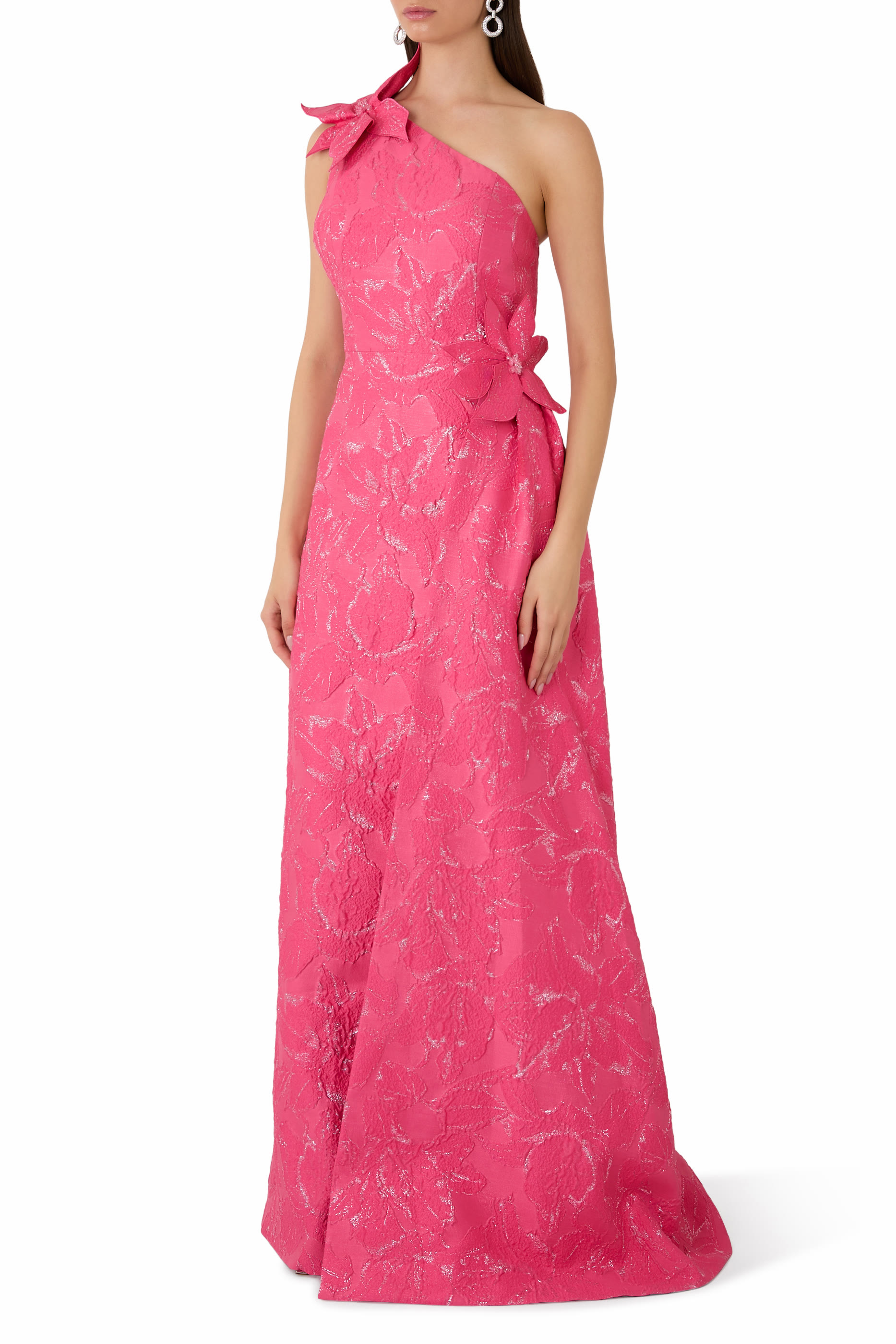 One Shoulder 3D Flower Side Drape Gown