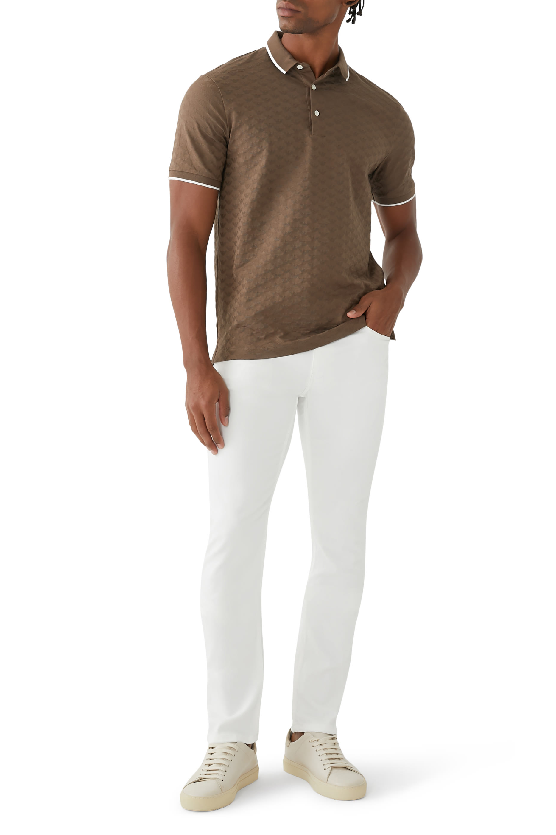 Mercerised Jersey Polo Shirt with All-Over Jacquard Eagle