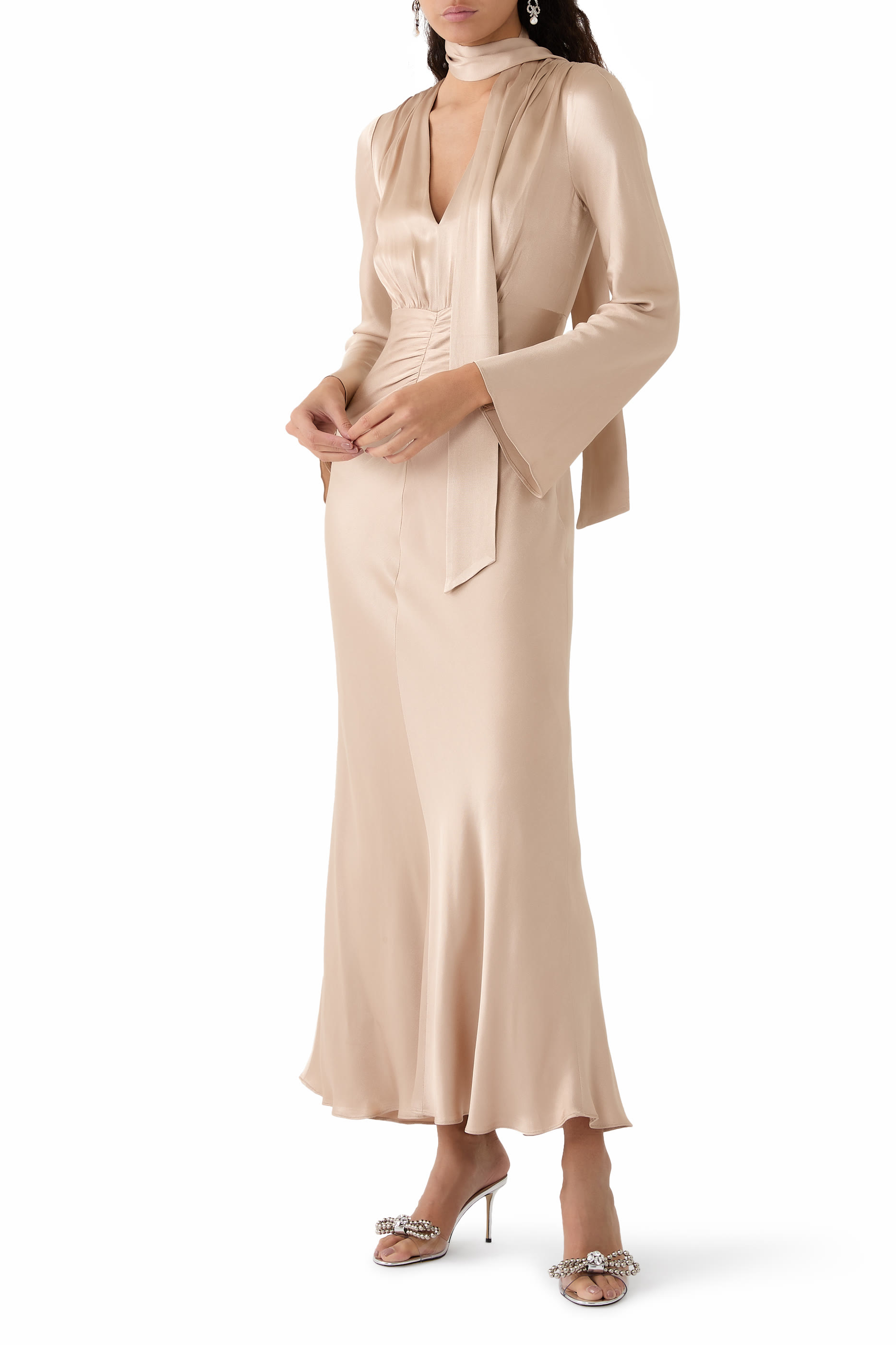 La Lune Plunged Long Sleeve Maxi Dress