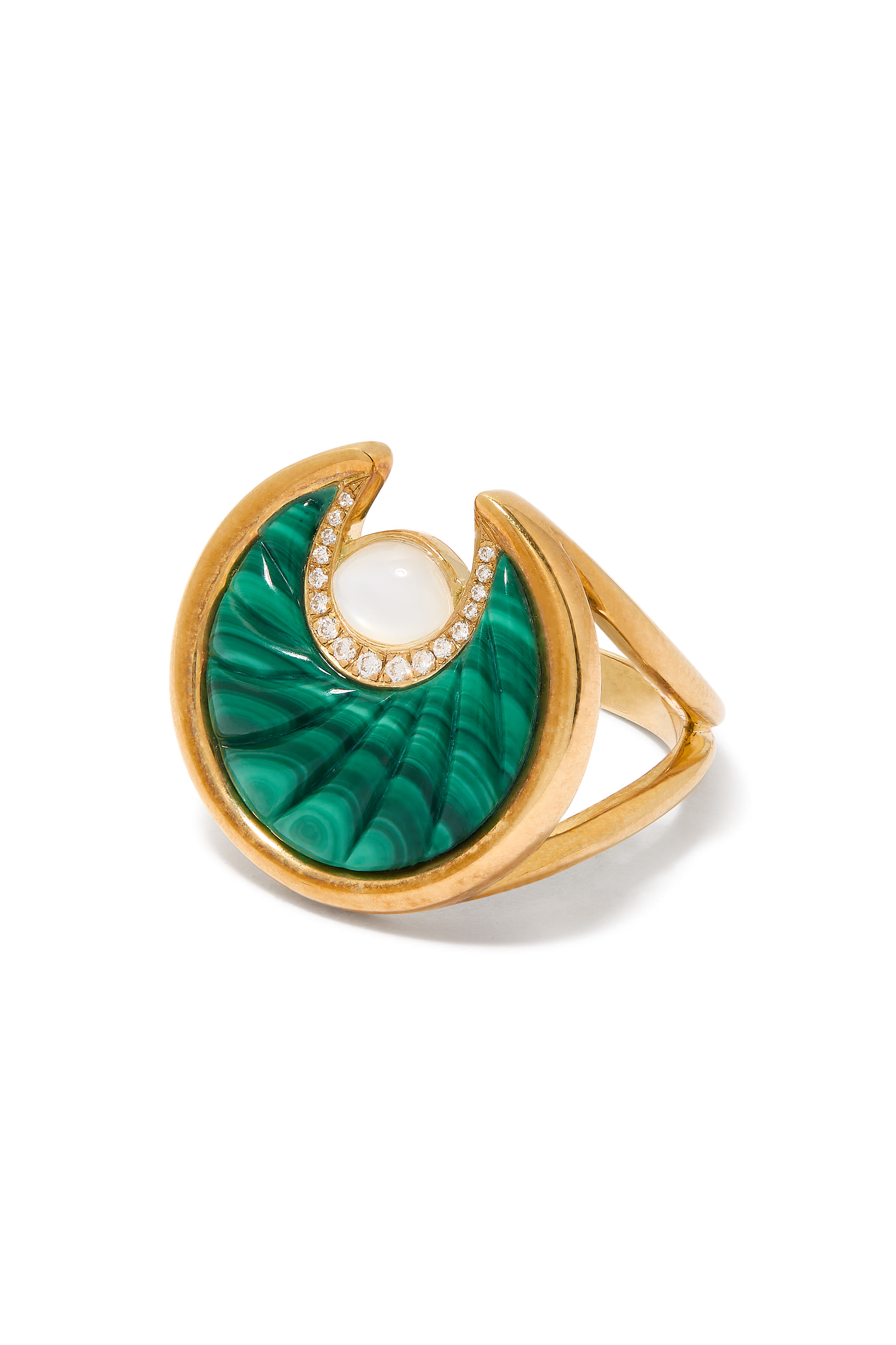 Circus Moon Ring, 18K Yellow Gold, with Diamonds, Malachite & Mother of Pearl 
