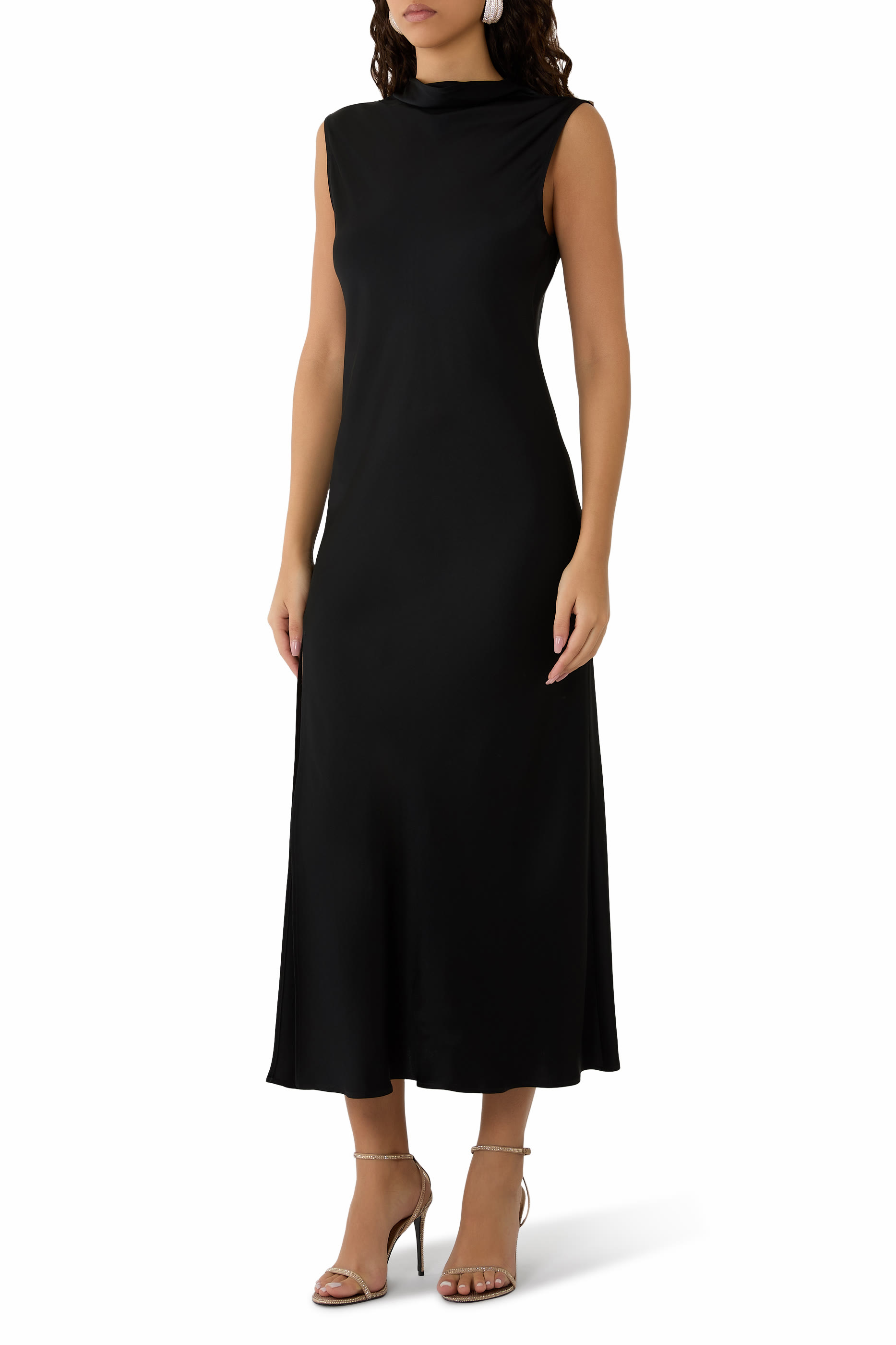 Drape Neck Sleeveless Satin Dress