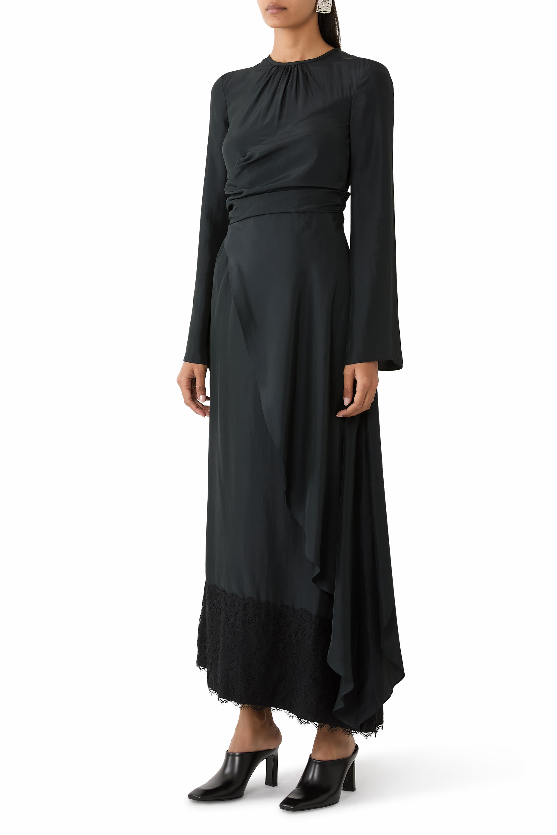 Lace Touch Habutai Long Sleeve Maxi Dress