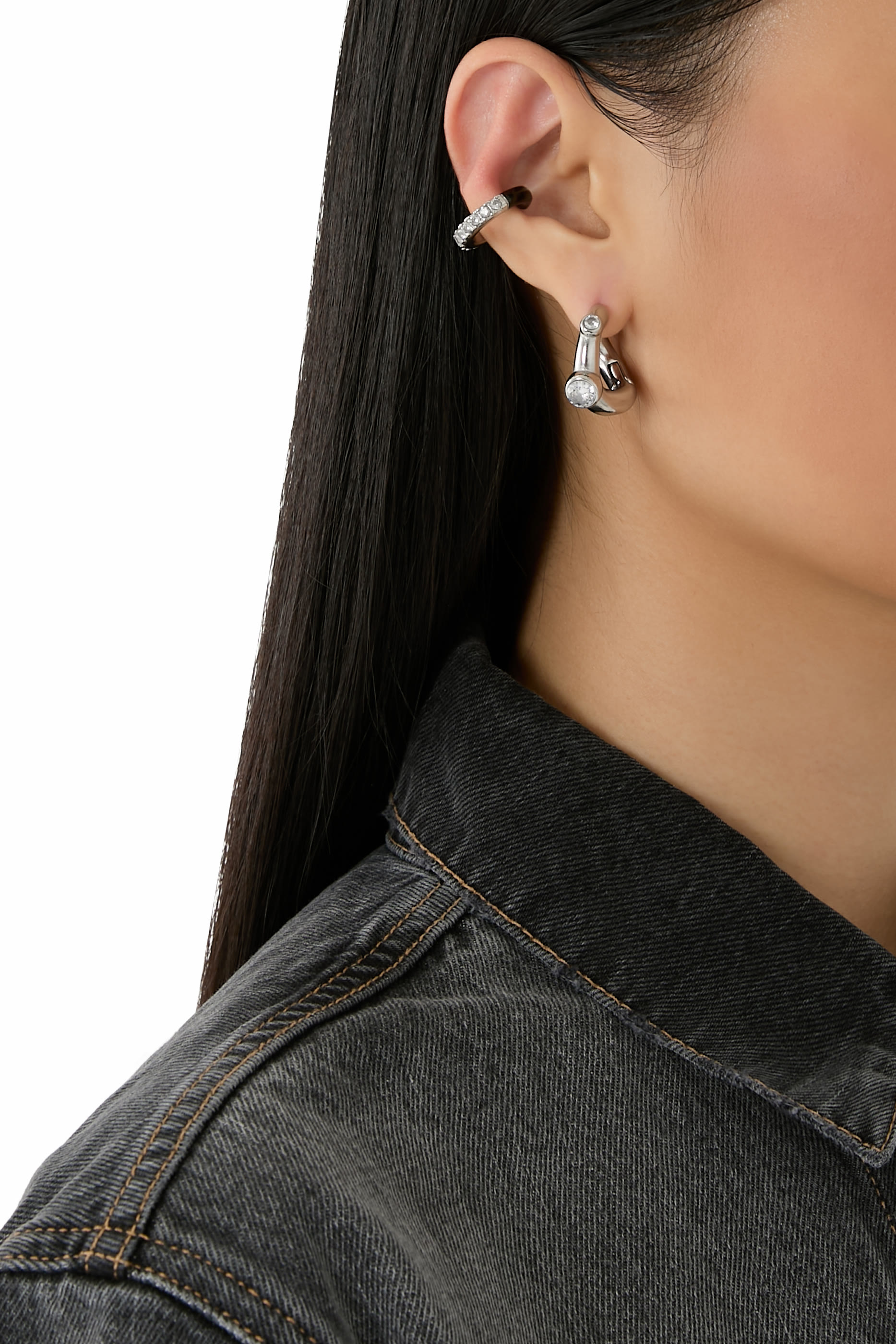 Kia Round Single Ear Cuff,  Silver-Plated Stainless Steel & Zirconium Oxides