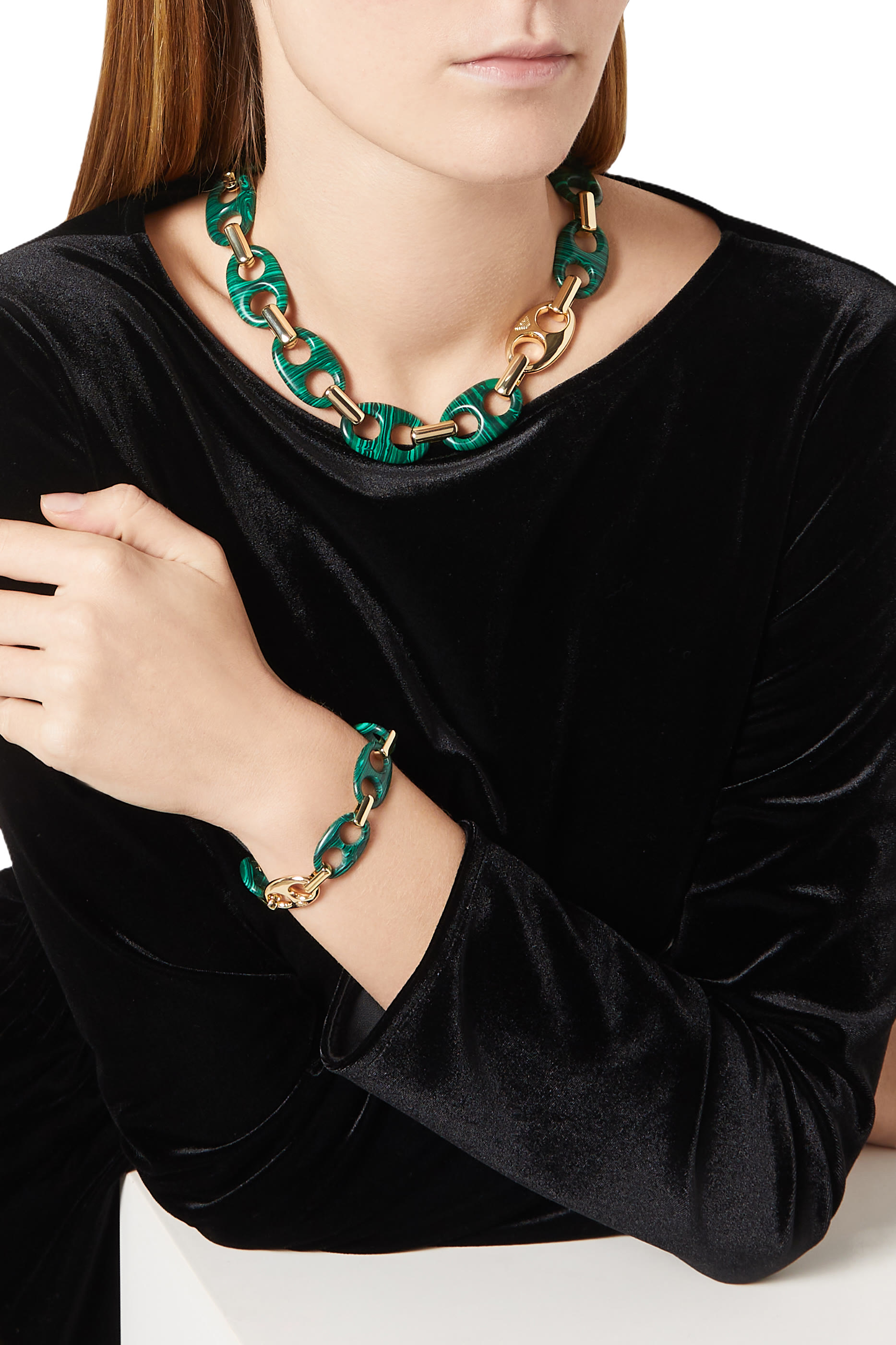 Reconstituted Malachite Chain Necklace, Brass & Malachite