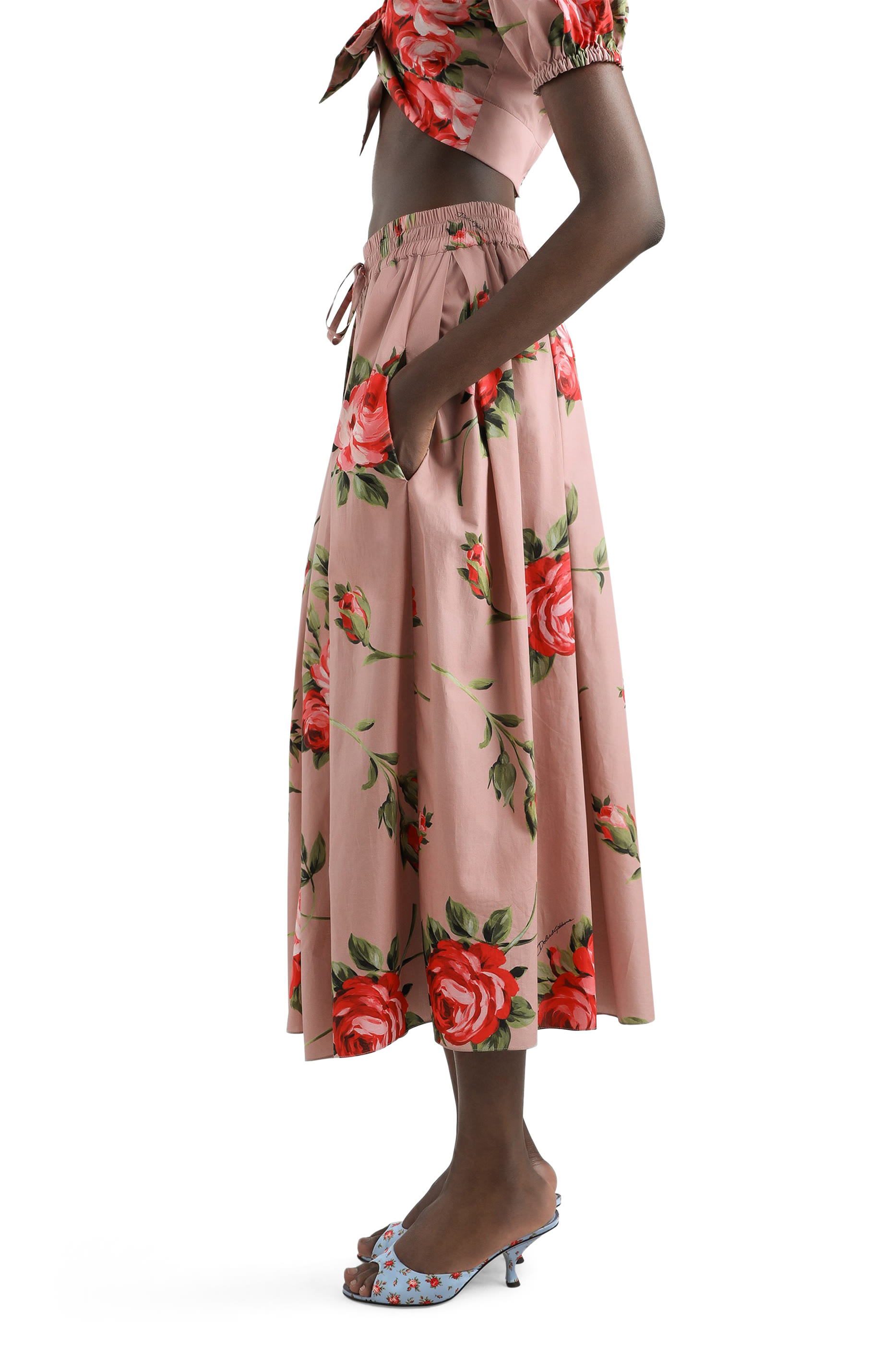 Rose Bouquet-Print Midi Skirt