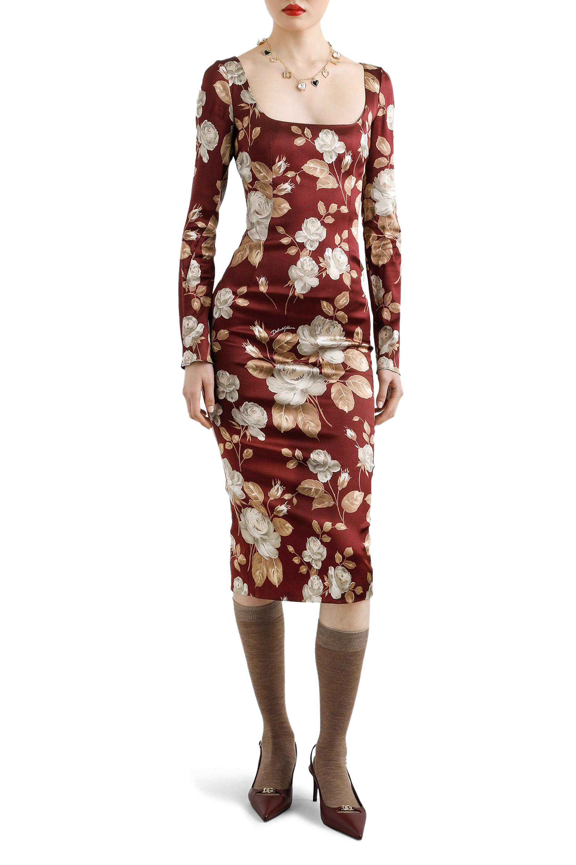 Vintage Rose-Print Satin Dress