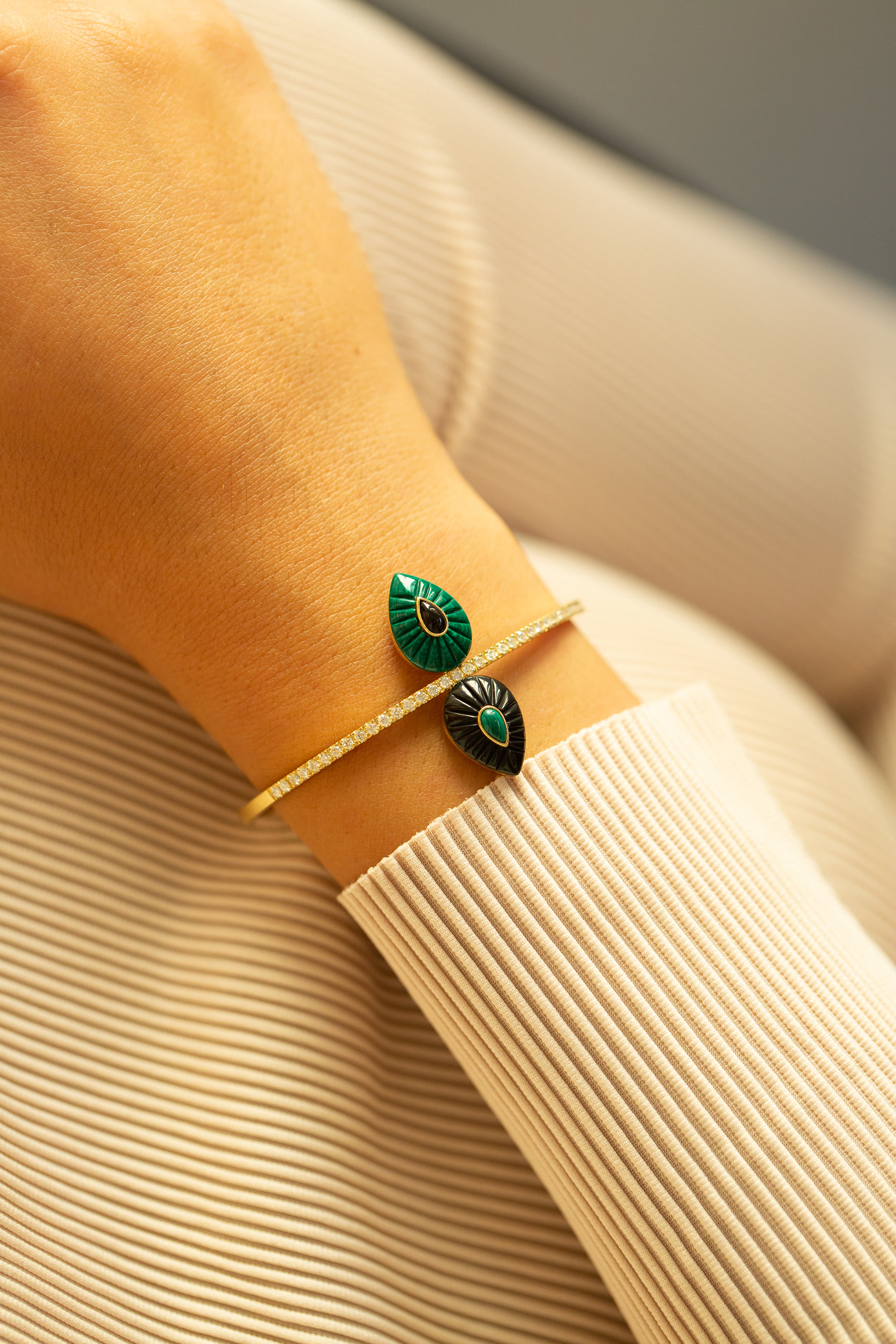 Bond Street Bangle, 18k Yellow Gold with Diamond & Malachite